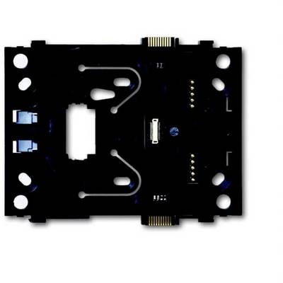 Ein schwarzes elektronisches Modul mit Anschlüssen und Aussparungen in der Mitte, umgeben von kleinen elektrischen Kontakten.