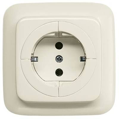 Weiße Steckdose mit zwei Löchern und Erdungskontakt auf cremefarbenem Hintergrund. Geeignet für europäische Stecker.