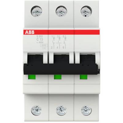 Dreipoliger Schutzschalter mit 'ABB' Logo, Modell S203 C13, für 400V-Anwendungen, mit grünen und schwarzen Schaltern.