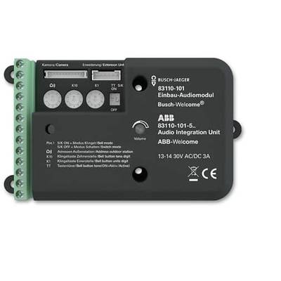 Ein schwarzes Einbau-Audiomodul mit Anschlüssen und Beschriftungen von ABB für das Busch-Welcome-System, Modell 83110-101-5.