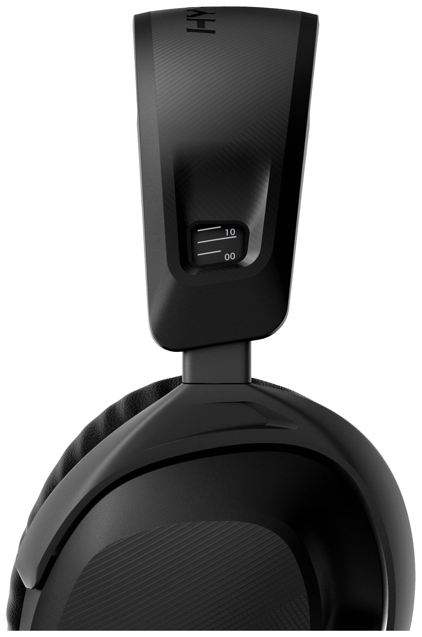 'Schwarzer Over-Ear-Kopfhörer, seitlicher Blick auf die Höhenverstellung an der Kopfbandhalterung, Skala von 0 bis 10 sichtbar.'