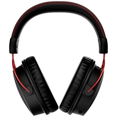 Schwarze Over-Ear-Kopfhörer mit roten Akzenten, frontal gezeigt. Sie sind gepolstert und für Musikwiedergabe oder Telefonate geeignet.