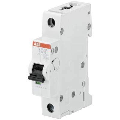 Ein weißer Automat mit schwarzem Schalterhebel, gekennzeichnet als 'ABB S201 C16', zeigt einen elektrischen Schutzschalter.