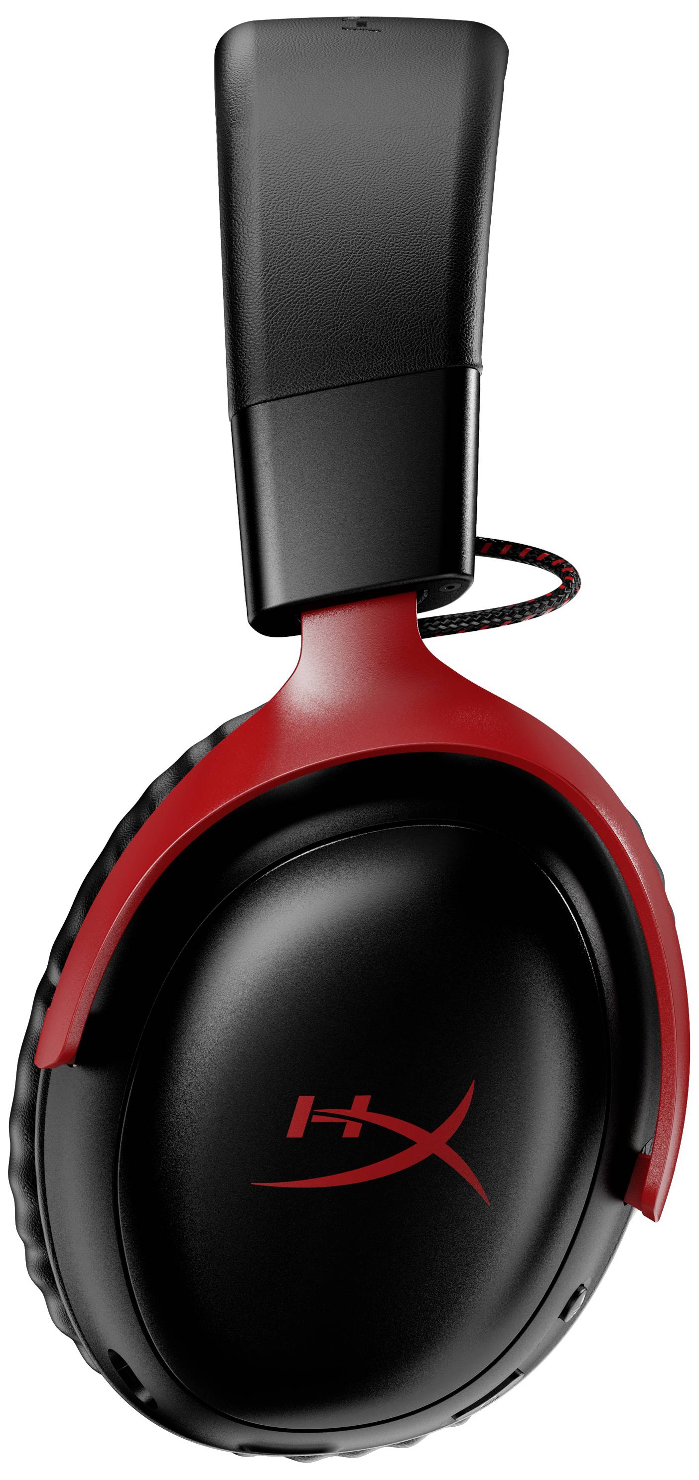 Schwarzer Over-Ear-Kopfhörer mit rotem Bügel und Kabel, Logo auf der Ohrmuschel sichtbar.