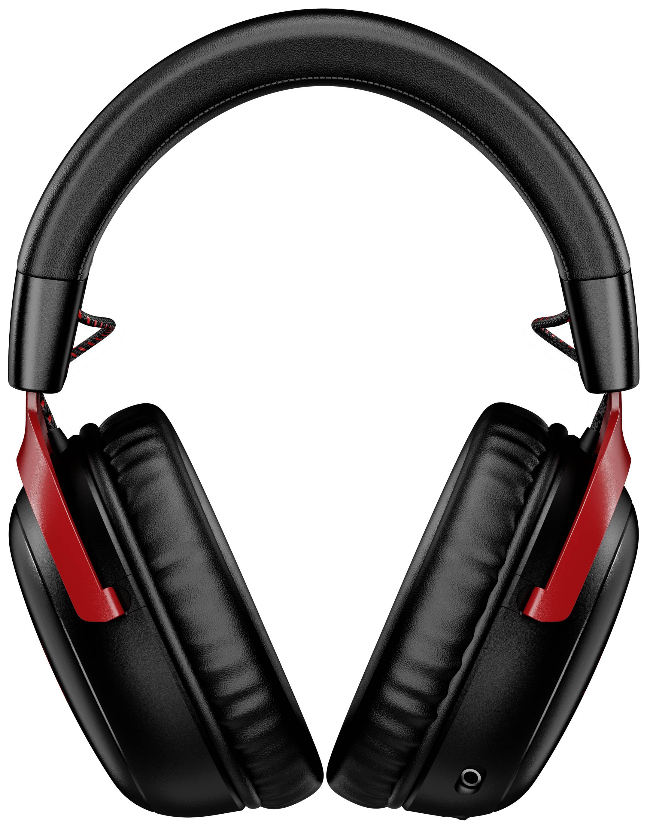 Schwarzer Kopfhörer mit rotem Akzent, abgebildet frontal und aufrechtstehend.