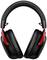 Schwarzer Kopfhörer mit rotem Akzent, abgebildet frontal und aufrechtstehend.