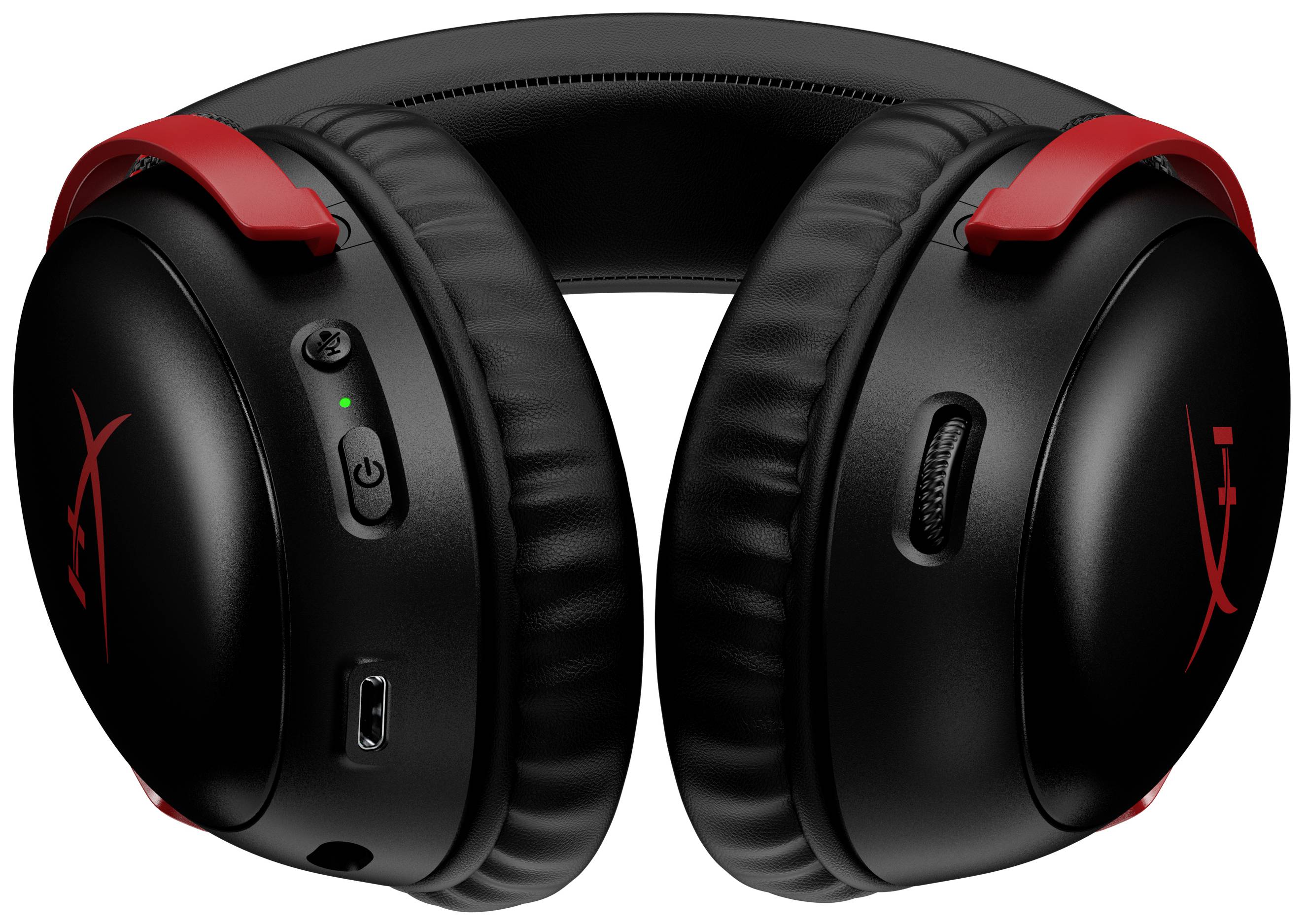 Schwarzer Gaming-Kopfhörer mit roten Akzenten und Bedienelementen an der Seite, einschließlich Lautstärkeregler und USB-Anschluss.