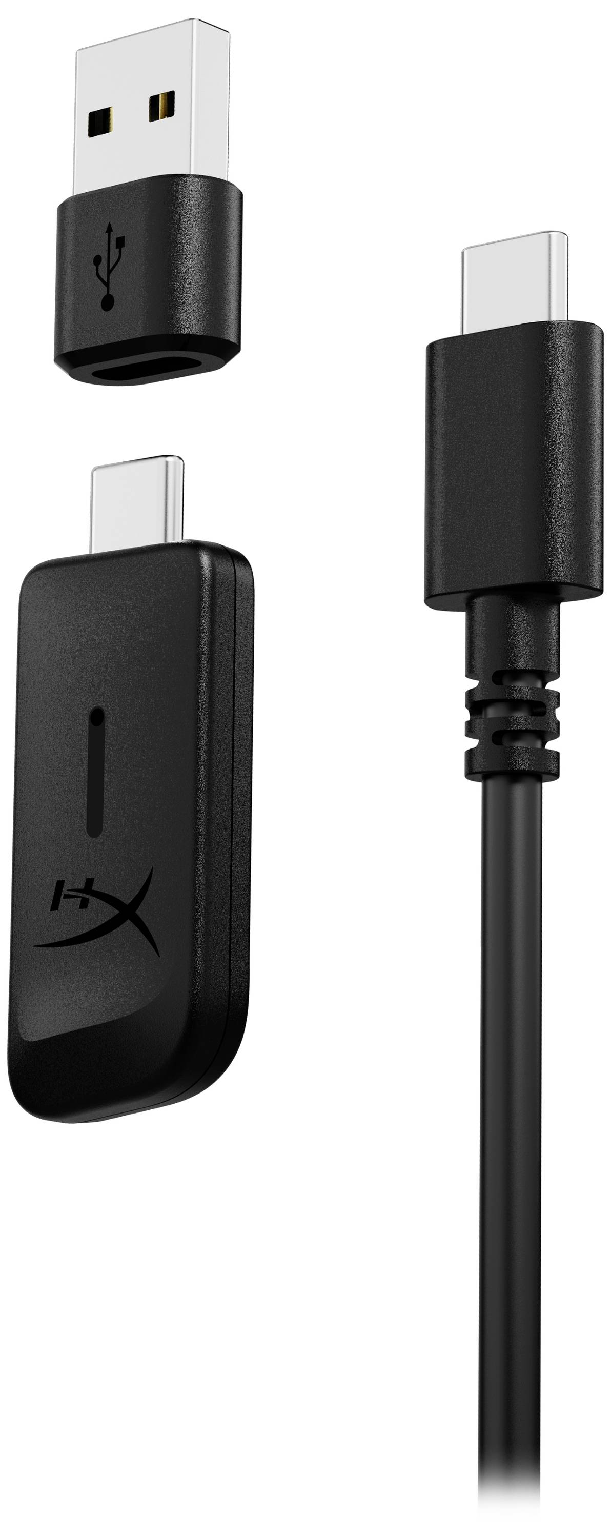 Ein kabelloser USB-Empfänger, ein USB-C-Kabel und ein Adapter sind abgebildet. Sie dienen zur Verbindung und Aufladung von Geräten.