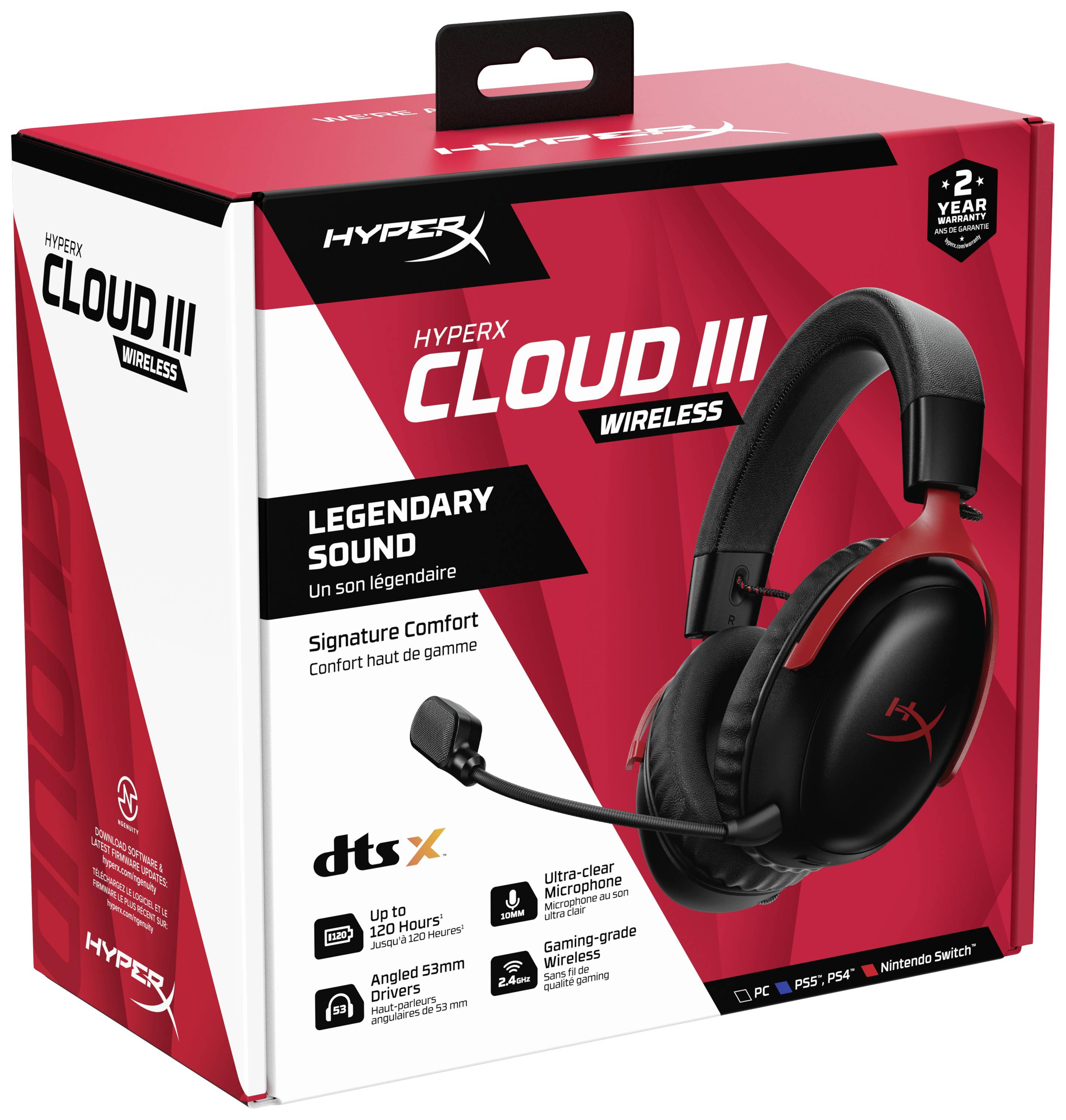 'HyperX Cloud III Wireless'-Kopfhörer-Verpackung. Merkmale: Legendärer Sound, dts:X-Unterstützung, Signatur-Komfort.