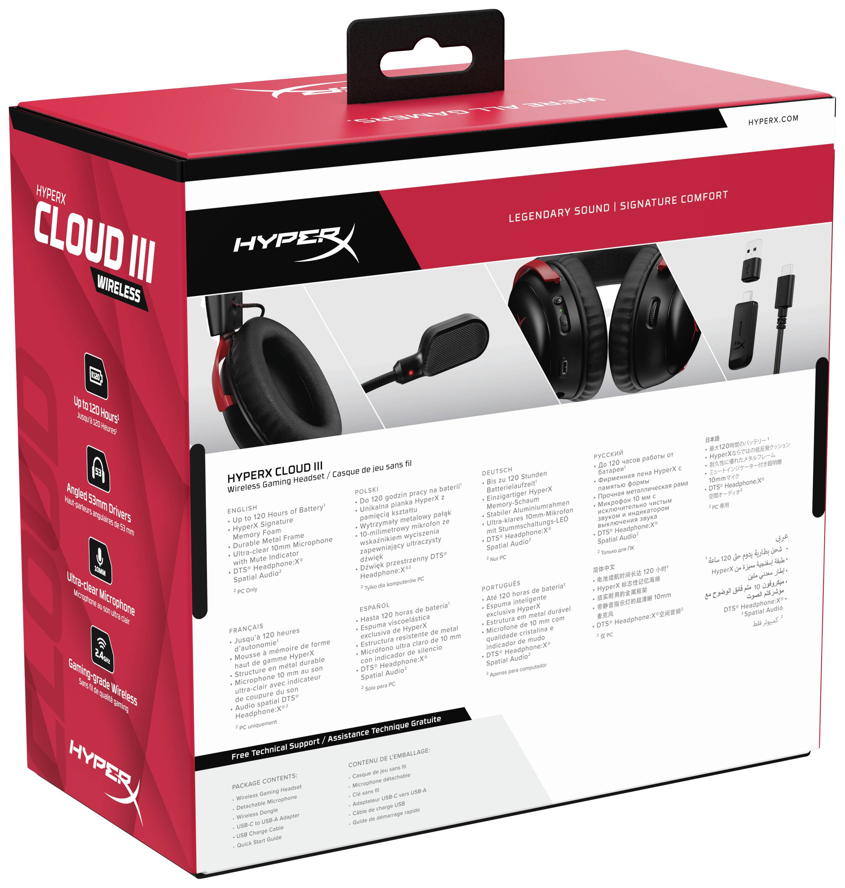 Die Verpackung eines HyperX Cloud III Wireless Headsets zeigt das Produktbild, Funktionen auf Englisch, technischen Daten und Zubehör.