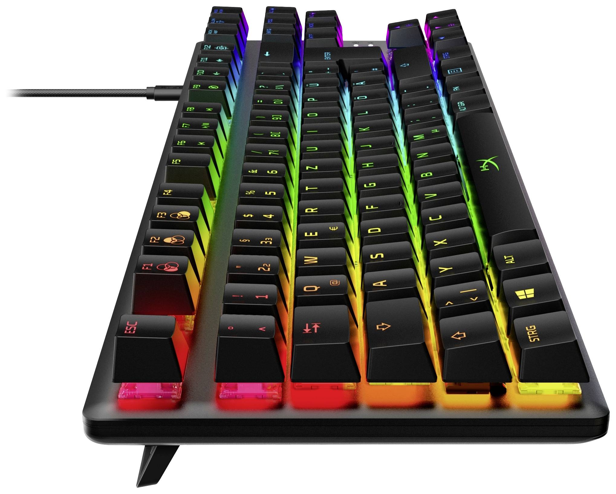 Eine mechanische Gaming-Tastatur mit mehrfarbiger RGB-Hintergrundbeleuchtung, im schrägen Winkel von rechts vorne betrachtet.