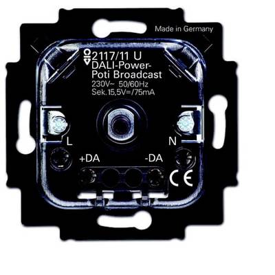 Ein DALI-Power-Drehpotentiometer mit Anschlüssen, markiert mit '+DA' und '-DA', für Steuerung von Beleuchtung; hergestellt in Deutschland.