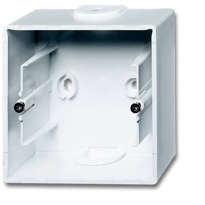 Weiße Aufputzdose für Elektroinstallationen, mit zwei Schraublöchern und Kabelführungen, geeignet zur Wandmontage.
