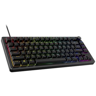 Eine schwarze Gaming-Tastatur mit RGB-Beleuchtung zeigt leuchtende Farben auf den Tasten. Oben rechts ist ein Lautstärkeregler.