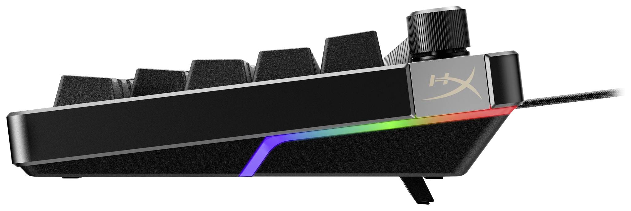 Seitliche Ansicht einer schwarzen mechanischen Tastatur mit RGB-Beleuchtung und Lautstärkeregler.