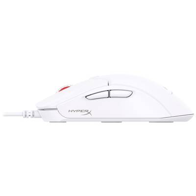 Weiße Gaming-Maus der Marke HyperX, seitliche Ansicht mit zwei Daumentasten und einem roten Scrollrad.