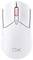 Eine weiße Computermaus mit einem roten Scrollrad. Sie zeigt ein Logo auf der Oberseite und hat eine ergonomische Form.