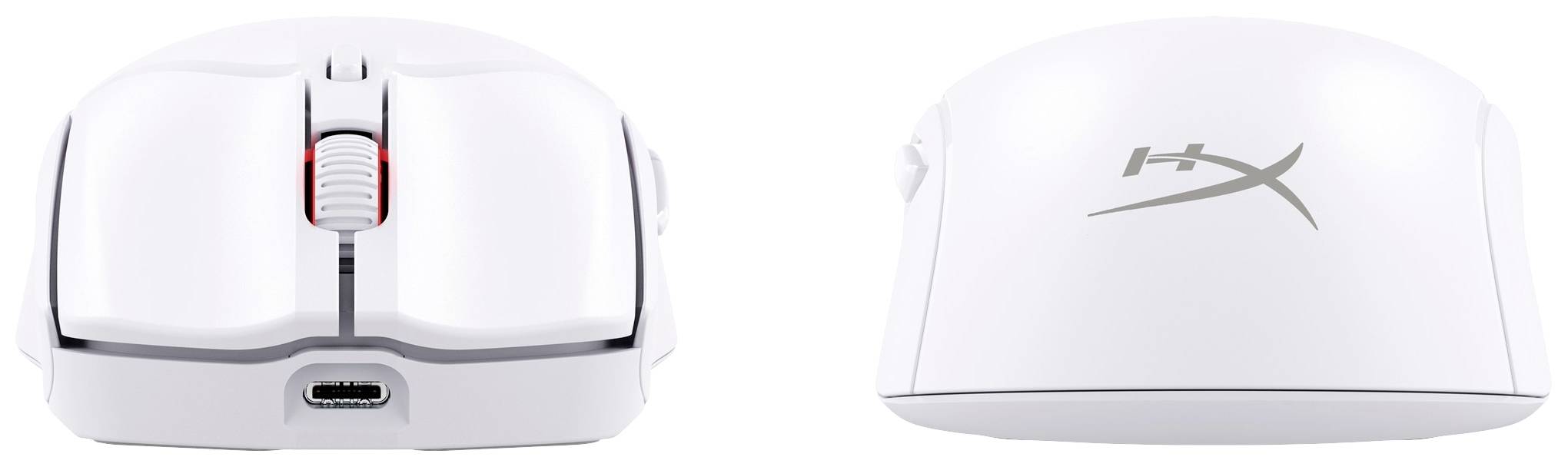 Weiße, kabellose Computermaus mit USB-C-Anschluss und Scrollrad. Rückseite zeigt ein Logo mit dem Buchstaben 'X'.