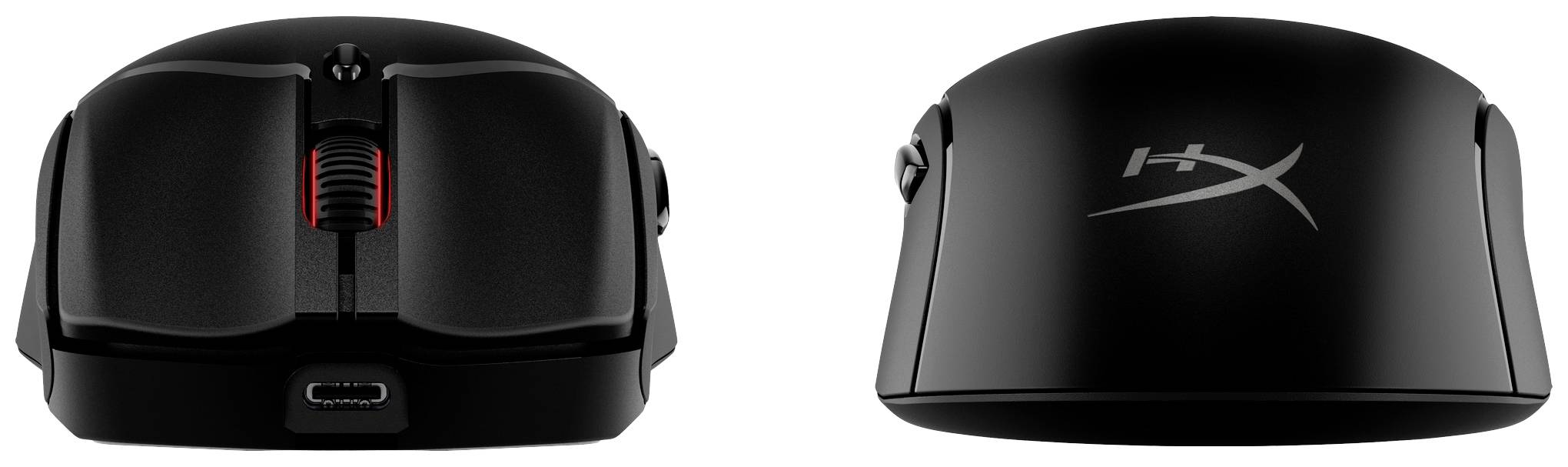 Zwei Ansichten einer schwarzen Gaming-Maus mit rotem Scrollrad und HyperX-Logo, USB-C-Anschluss vorne sichtbar.