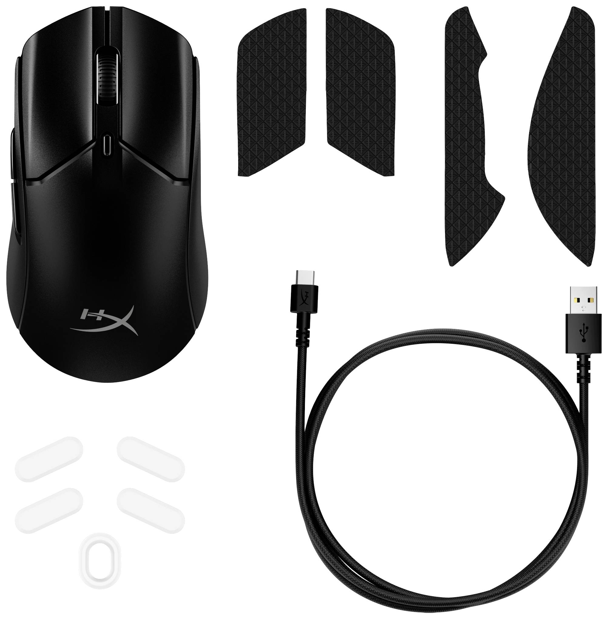Kabellose Gaming-Maus mit abnehmbarem USB-Kabel, zusätzlichen Griffteilen und ergonomischem Design. Ideal für präzises Spielen.
