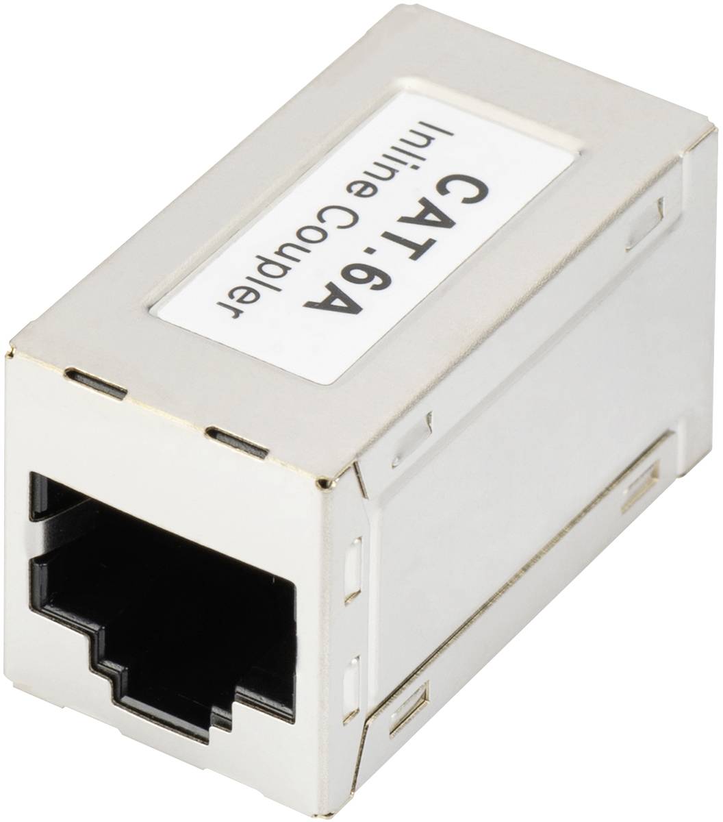 Ein CAT.6A Inline-Koppler, rechteckig, mit Ethernet-Anschlüssen an beiden Enden, für Netzwerkverbindungen geeignet.