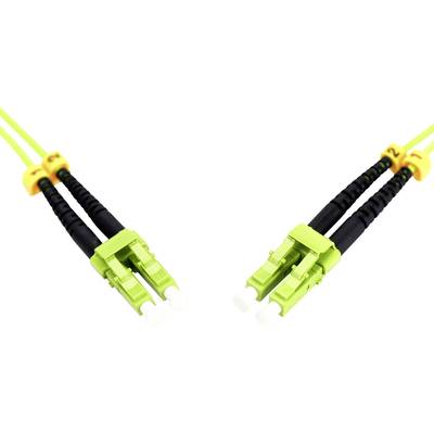Zwei grüne Duplex-LC-LWL-Stecker mit gelben Markierungen an den Enden. Sie dienen zur Verbindung von Glasfaserkabeln in Netzwerken.
