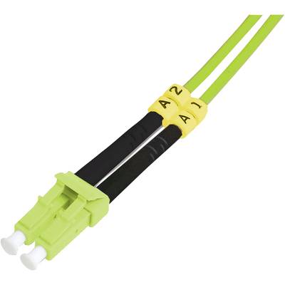 Grünes LC-Duplex-Glasfaserkabel mit gelben Markierungen 'A2' und 'B1' am Stecker; dient zur Datenübertragung in Netzwerken.