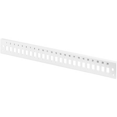 Weiße Patchpanel-Blende aus Metall mit 24 nummerierten Ports für Netzwerkverkabelung.