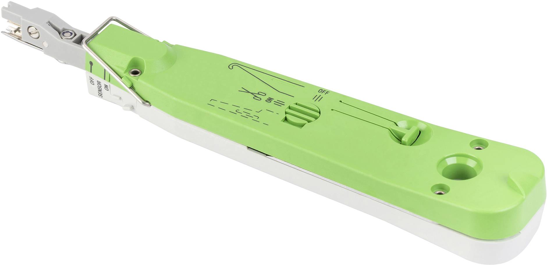 Ein grünes LSA-Anlegewerkzeug mit Metallspitze für Netzwerkverkabelung. Markierungen auf der Oberfläche zeigen Funktionen an.