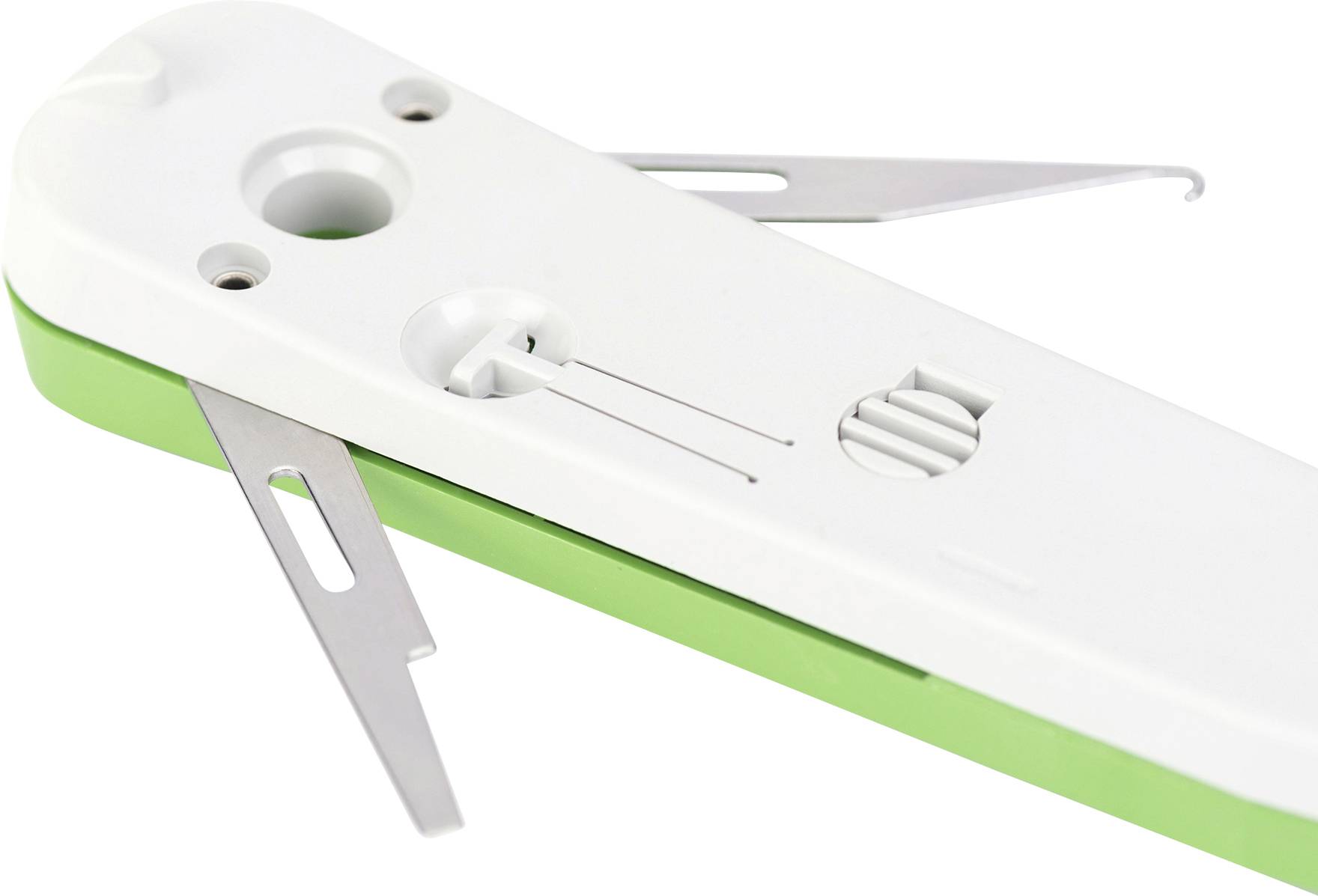 Ein grüner und weißer Westernkotsu-Schärfer mit zwei Metallklingenschlitzen, geeignet zum Schärfen und Glätten von Küchenmessern.