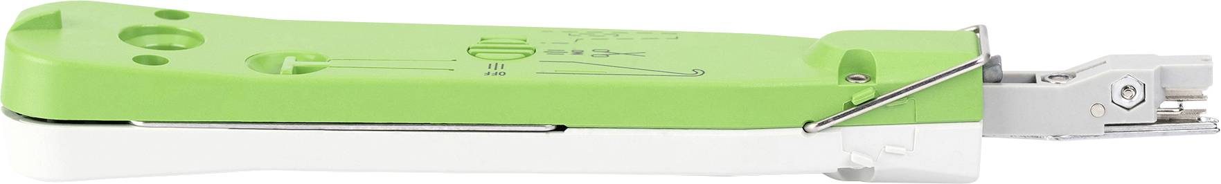 Werkzeug für Netzwerkkabel mit grünem Griff, seitlicher Ansicht. Es hat Metallanschlüsse und wird für das Einstecken von Kabeln verwendet.