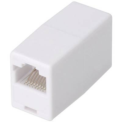 Ein weißer RJ45-Kupplungsstecker, der zwei Ethernet-Kabel miteinander verbindet, um Netzwerke zu erweitern.