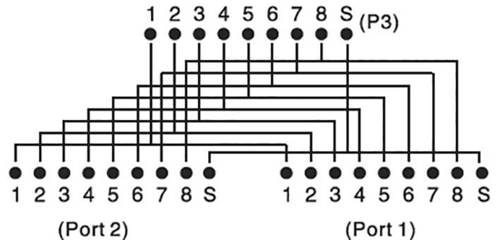 Schaltschema eines parallelen Anschlusses mit zwei Ports (Port 1 und Port 2). Verbindungen zwischen Pins 1-8 und S sind dargestellt. P3 markiert Pin S von Port 2.