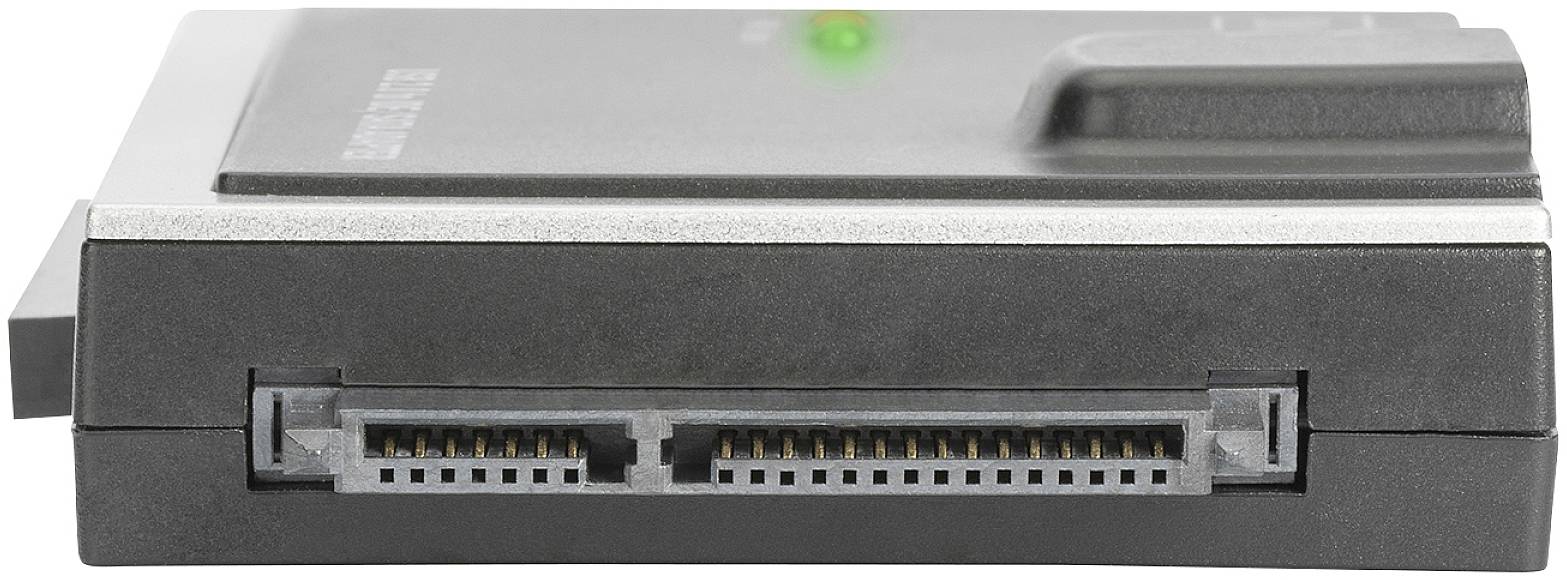 Ein externer Computer-Datenspeicher mit USB-Anschluss und einer grünen Status-LED auf der Oberseite.