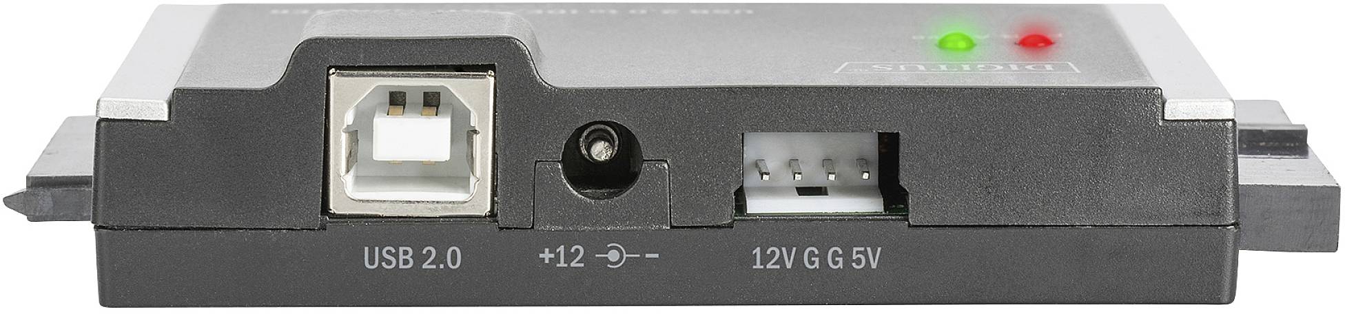 'USB 2.0 Adapter mit Anschlüssen für +12V, G G 5V. Zwei LEDs zeigen Betriebsstatus an. Vorderansicht des Geräts.'