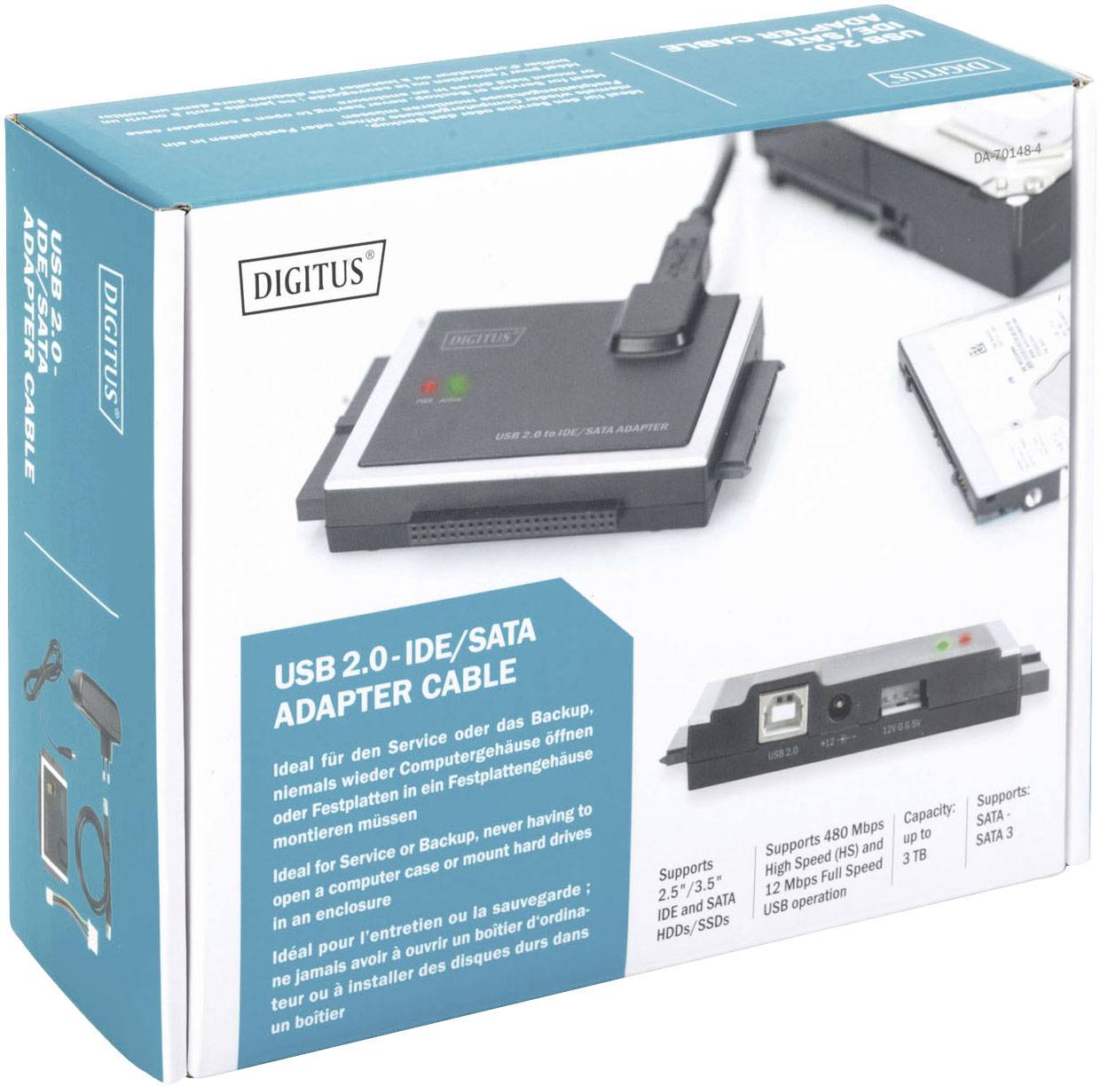 'USB 2.0 IDE/SATA Adapterkabel' Verpackung mit Bild eines Adapters und Kabels, geeignet für 2.5"/3.5" IDE oder SATA Festplatten. Unterstützt Datentransfer bis 480 Mbit/s.