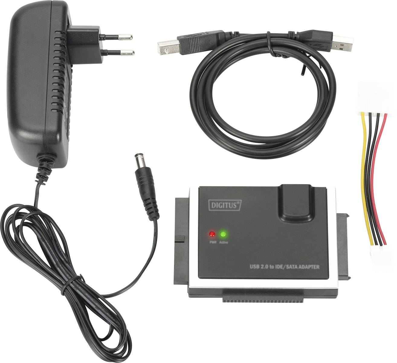 Adapter zur Verbindung von USB 2.0 zu IDE/SATA. Enthält ein Netzteil, Kabel und Anschluss für Datenübertragung und Stromversorgung.