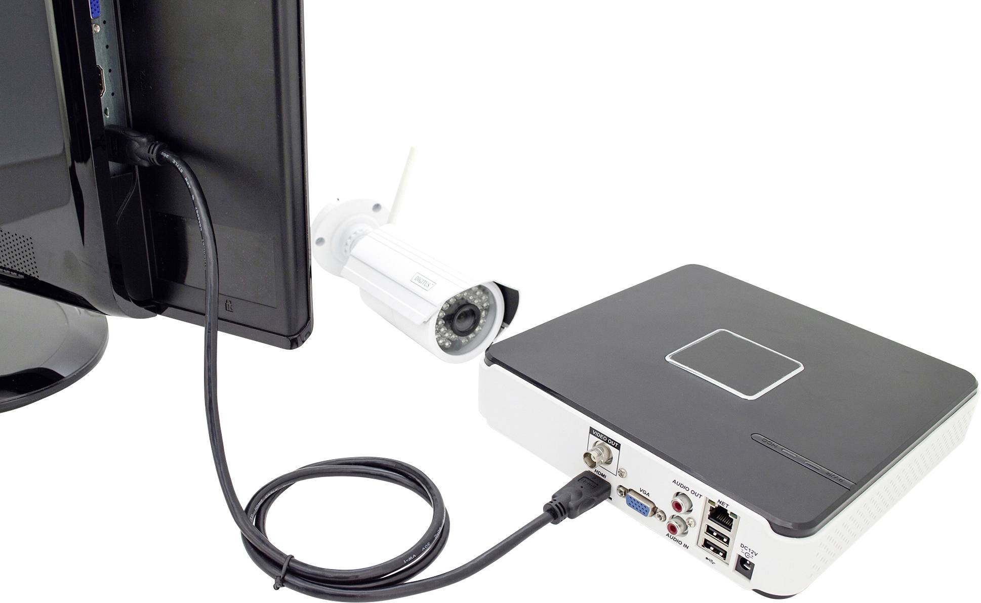 'Bild zeigt DVR, Überwachungskamera und Monitor. Die Geräte sind mit Kabeln verbunden, um Überwachungsaufzeichnungen zu ermöglichen.'