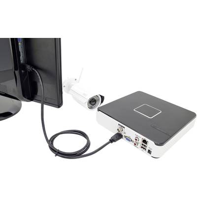 'Bild zeigt DVR, Überwachungskamera und Monitor. Die Geräte sind mit Kabeln verbunden, um Überwachungsaufzeichnungen zu ermöglichen.'