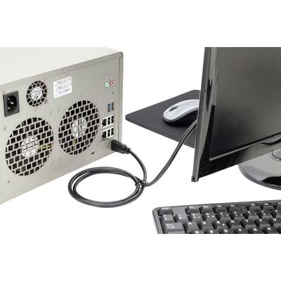 Ein Computer-Desktop mit Monitor zeigt eine Rückansicht des PC-Gehäuses, USB- und Audioanschlüsse, ein HDMI-Kabel zur Verbindung.