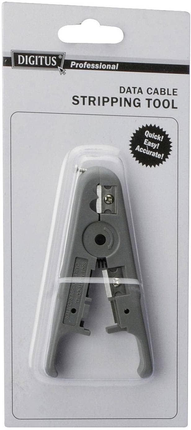 Kabelabisolierer in grauer Farbe in einer transparenten Verpackung, beschriftet mit 'Data Cable Stripping Tool', 'Quick! Easy! Accurate!'.