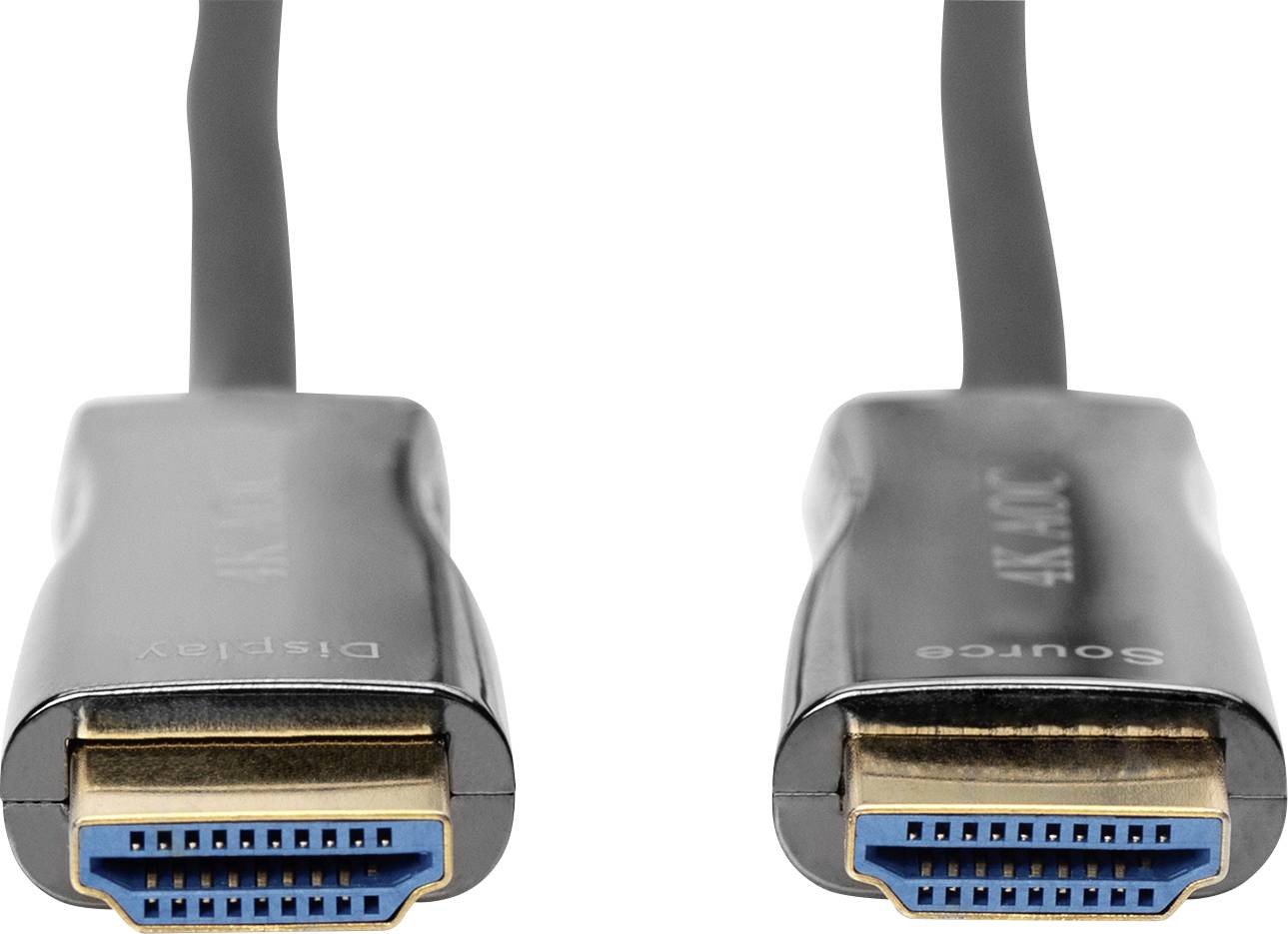 Zwei HDMI-Kabel mit schwarzen Hüllen und blauen Steckern. Auf den Kabeln sind die Aufschriften 'Display' und 'Source' zu sehen.