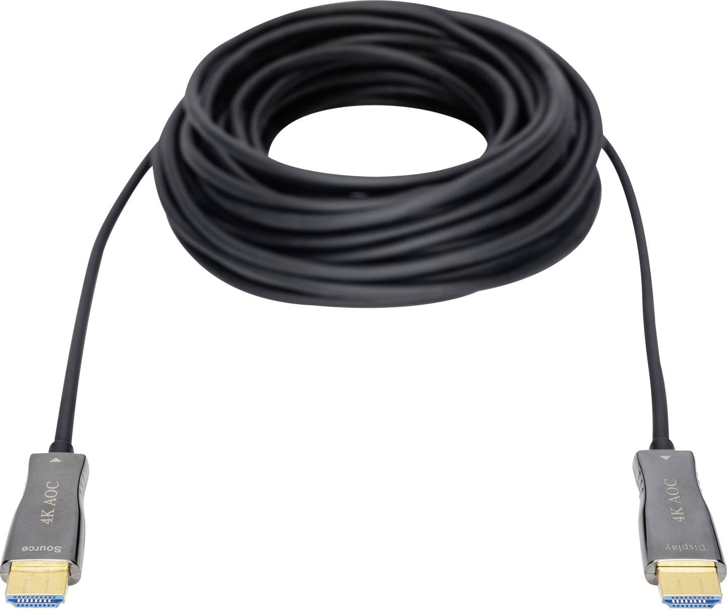 Ein langes, aufgewickeltes schwarzes Kabel mit HDMI-Steckern an beiden Enden, geeignet für 4K-Auflösungen.