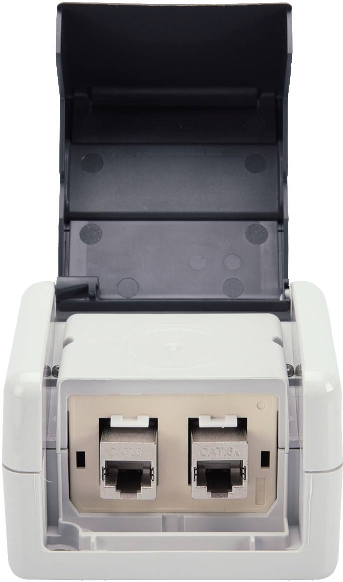 Netzwerkdose mit zwei RJ45-Anschlüssen. Eine schwarze Klappe schützt die Anschlüsse. Geeignet für Ethernet- und Datenverbindungen.