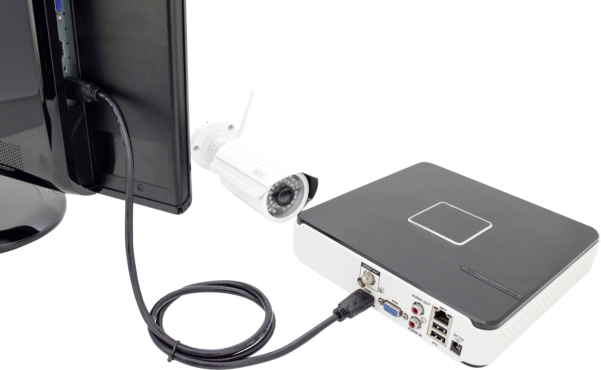 'Videoüberwachungssystem mit Bildschirm, Kamera und DVR-Recorder verbunden durch Kabel. Einrichtung zeigt Übertragungstechnik.'