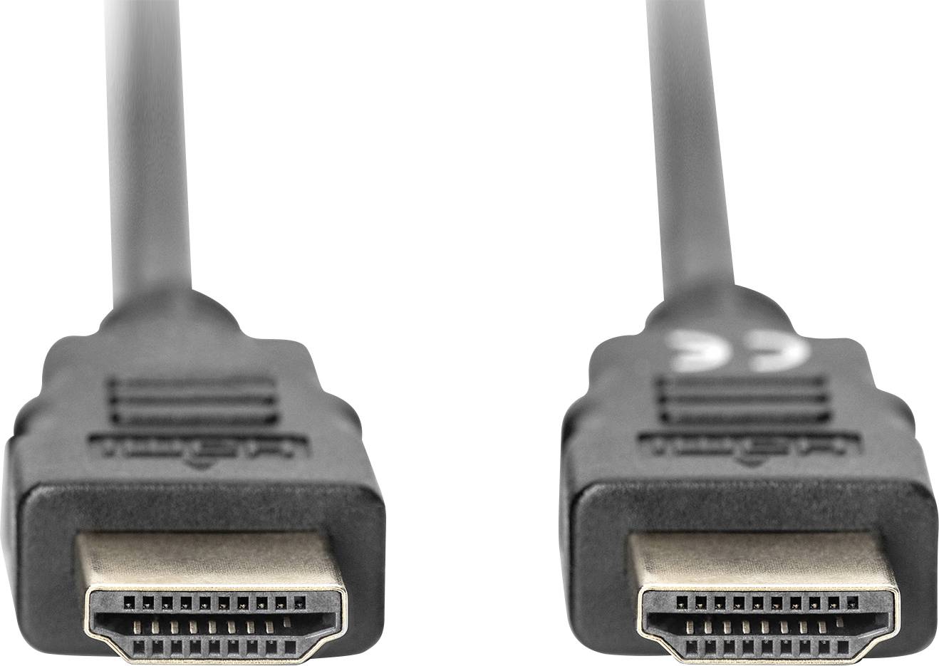 Zwei schwarze HDMI-Kabel mit Metallsteckern liegen nebeneinander.