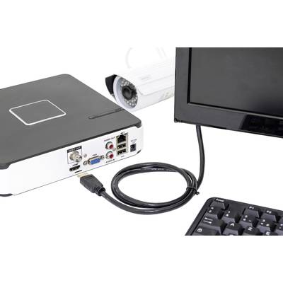 Ein Computeranschluss zeigt einen Monitor, eine Tastatur und ein Überwachungsgerät, verbunden mit einem HDMI-Kabel, vermutlich zur Videoüberwachung.