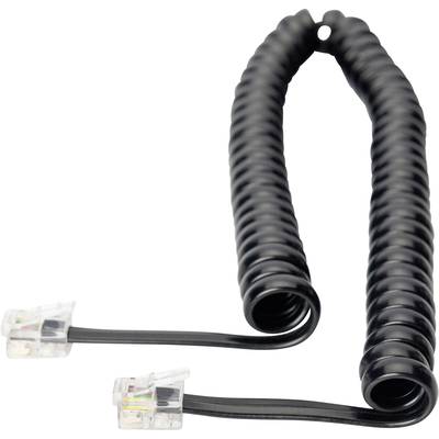 Schwarz, spiralförmig gewickeltes Telefonkabel mit zwei transparenten Steckern an den Enden.