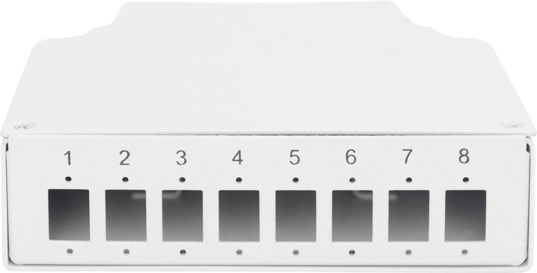 'Metallschachtel mit acht nummerierten quadratischen Öffnungen, von 1 bis 8 beschriftet.'