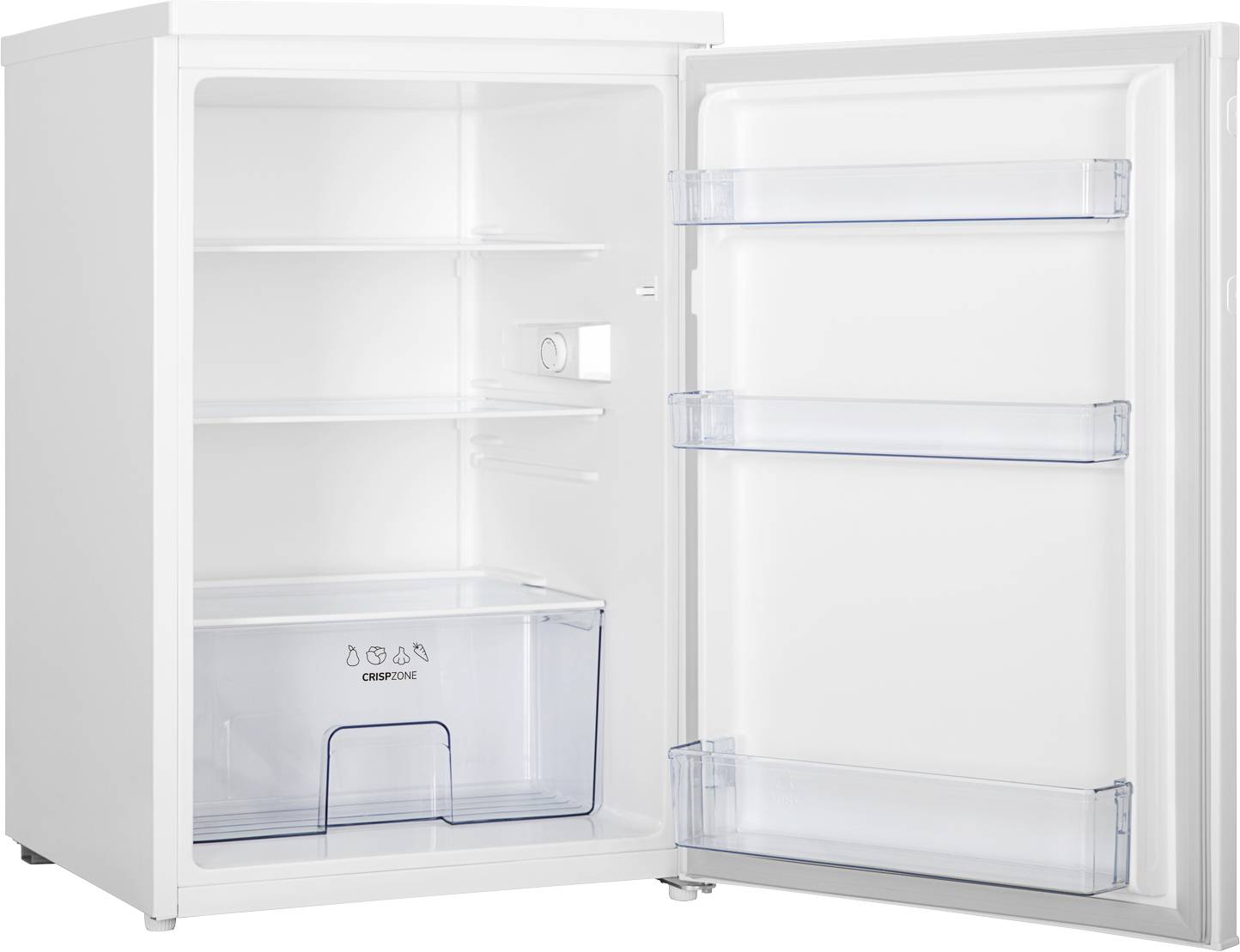 Ein geöffneter Kühlschrank mit drei Glasregalen und einer transparenten Schublade unten. In der Tür befinden sich drei Ablagen.